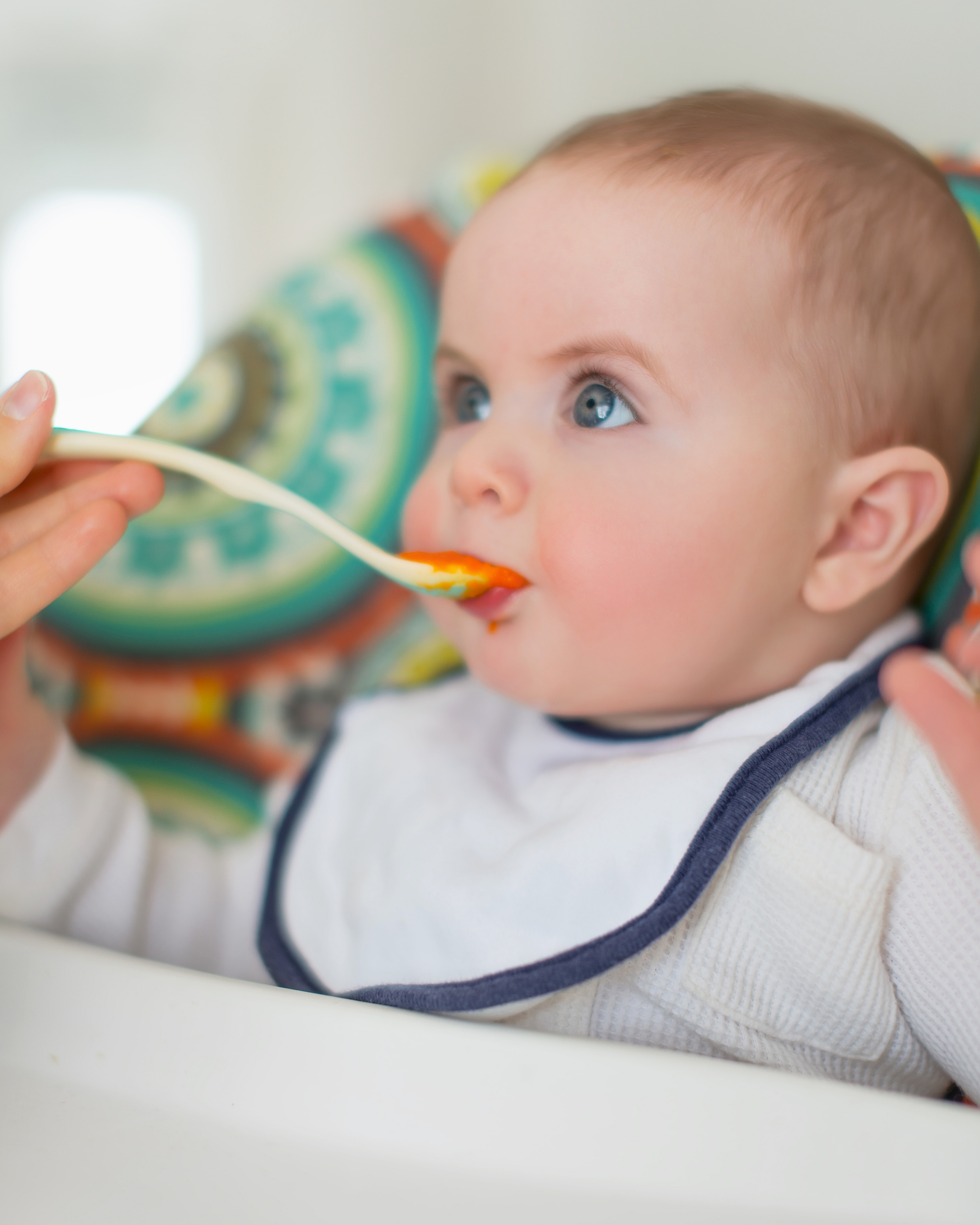 Un bébé mange sa purée de carottes bio qu'on lui sert à la cuillère